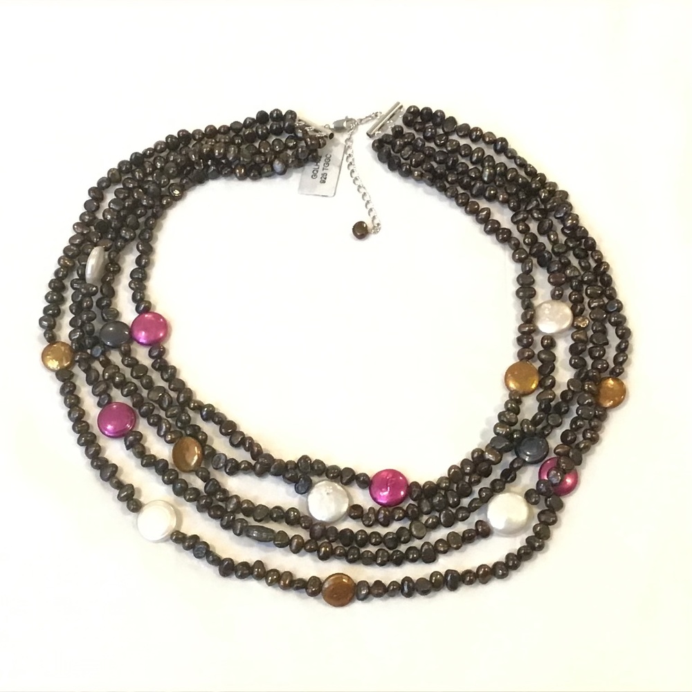 Sterling Silver 5 Row Dark Brown & Multi-Color Coin Pearl Necklace 17 1/2”-19” L